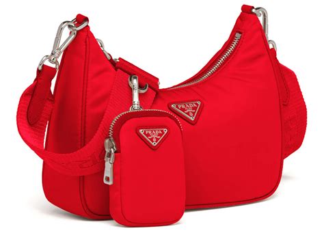 prada red leather with stitching and embossed label handbag|Prada nylon shoulder bag price.